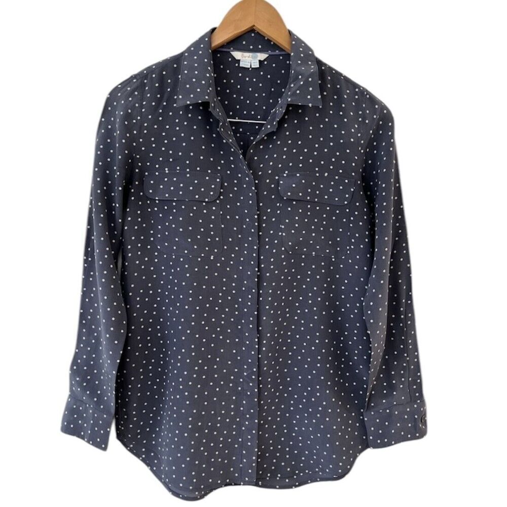 Boden 100% Silk Gray Star Print Button Up Shirt Womens US 2 Career Blouse - Picture 2 of 9